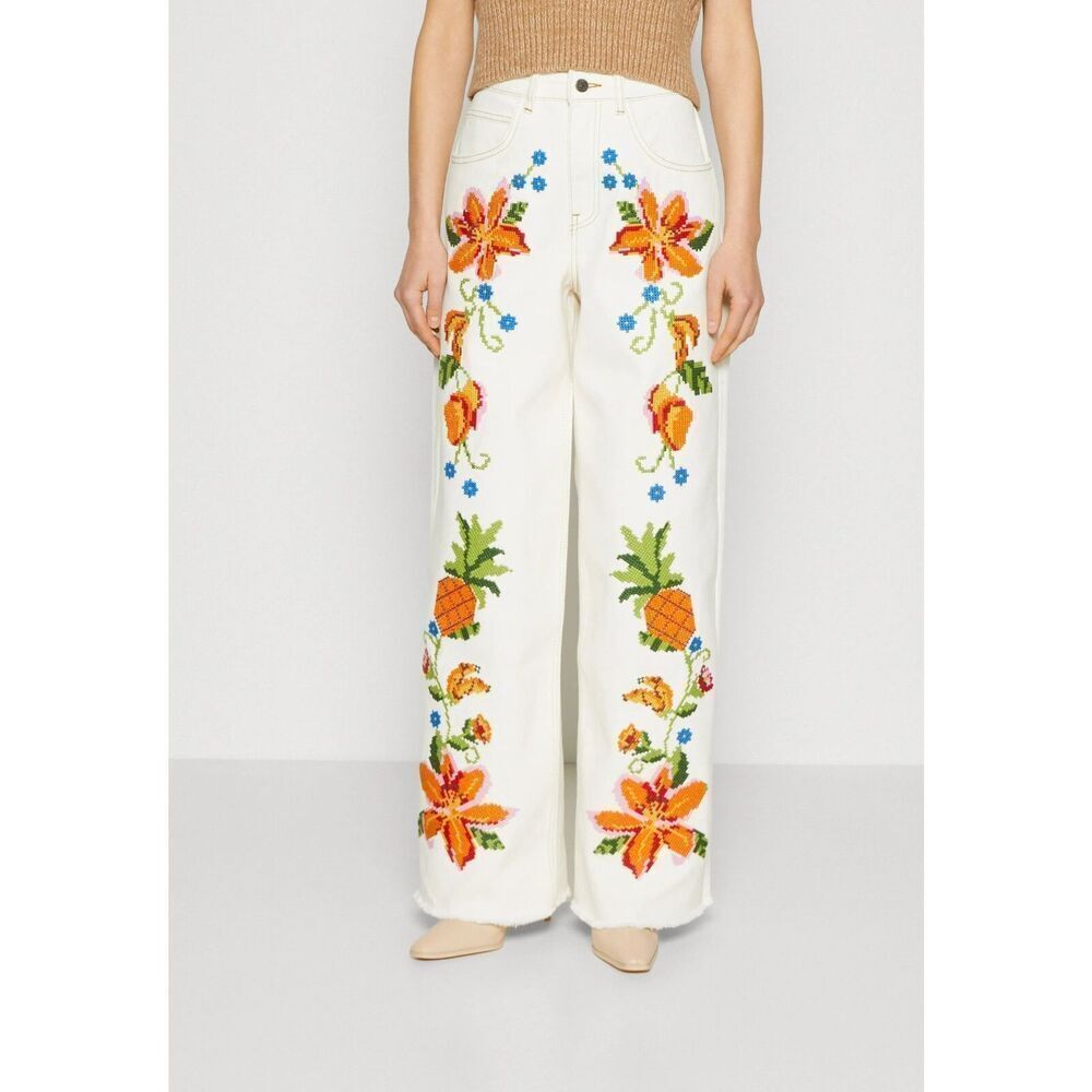 Farm Rio Embroidered Floral Twill Pants Jeans Small S NWT